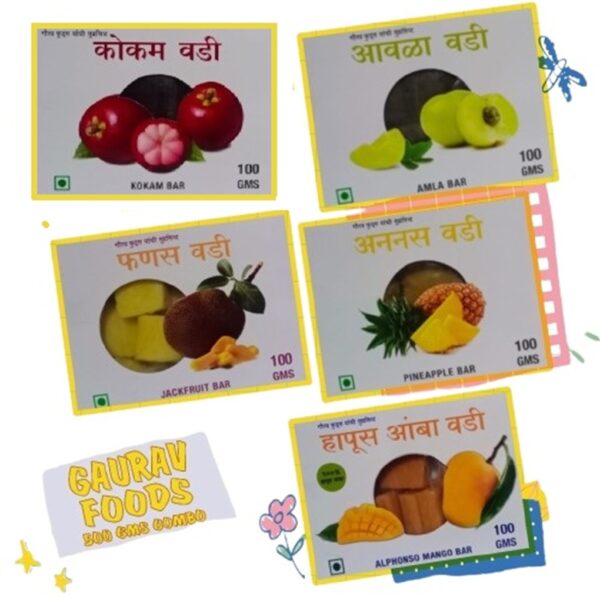 Gaurav Foods Fruits Vadi Combo 9 - Fanas Vadi, Amla Vadi, Ananas Vadi, Hapus Amba Vadi, & Kokum Vadi