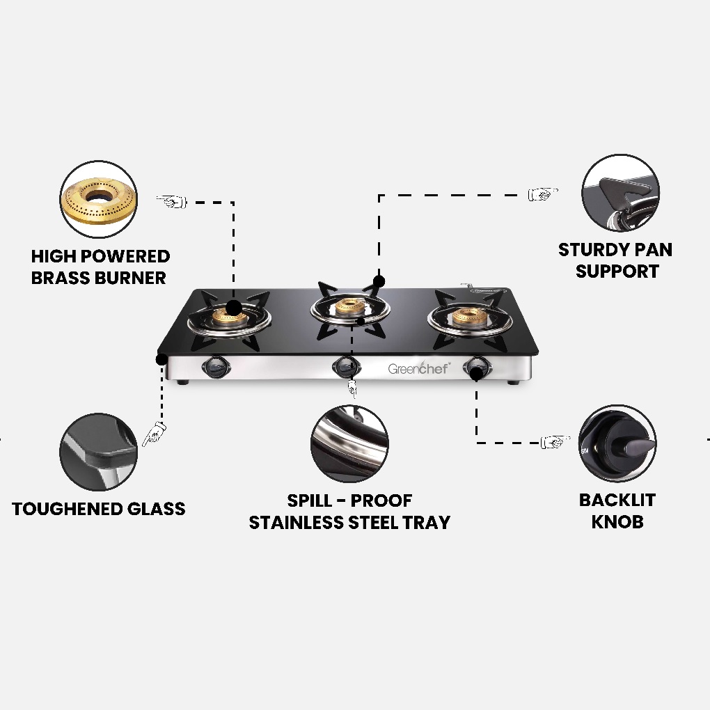 Greenchef Elite Glass Top Automatic 3 Burner Gas Stove