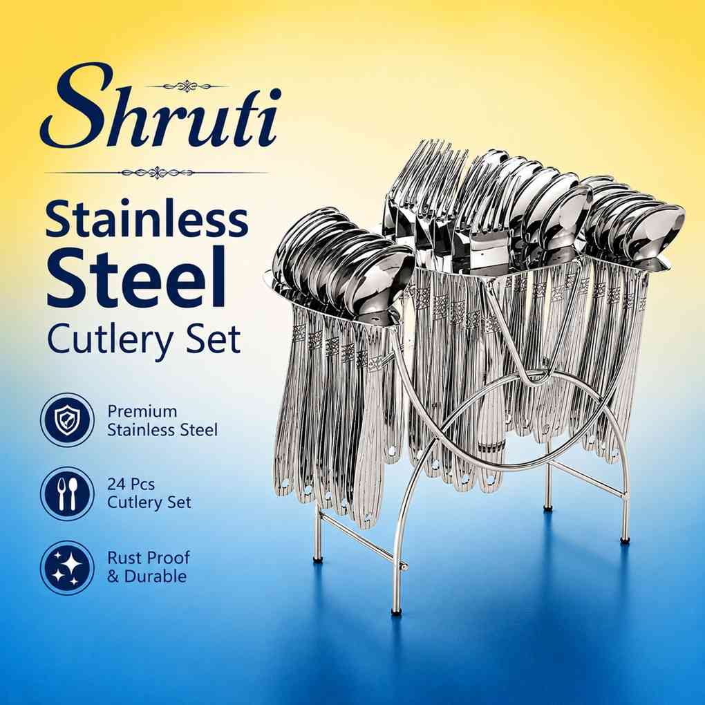 Shruti Stainless Steel 24 Pcs Cutlery Set with Stand, Premium Rust-Proof Spoon Fork Knife Set