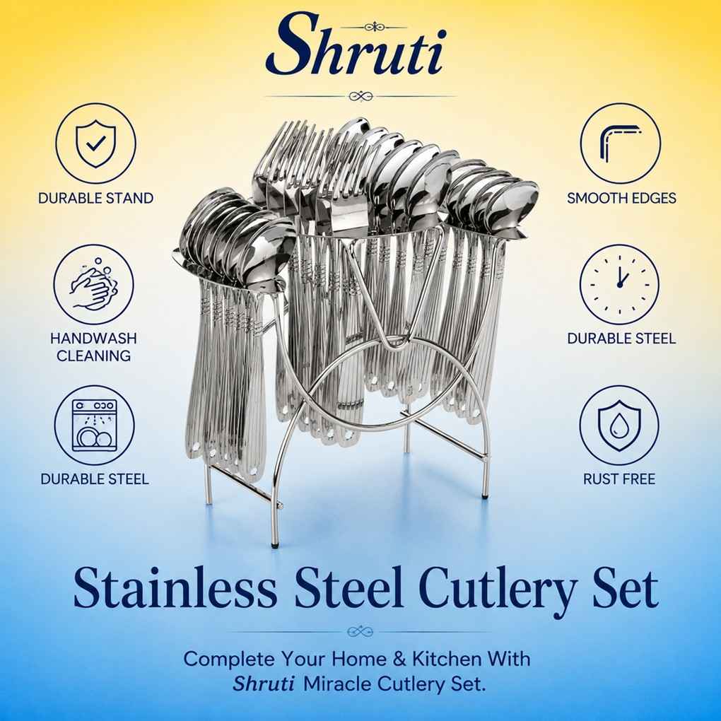 Shruti Stainless Steel 24 Pcs Cutlery Set with Stand featuring smooth edges, durable steel, rust-free and handwash cleaning