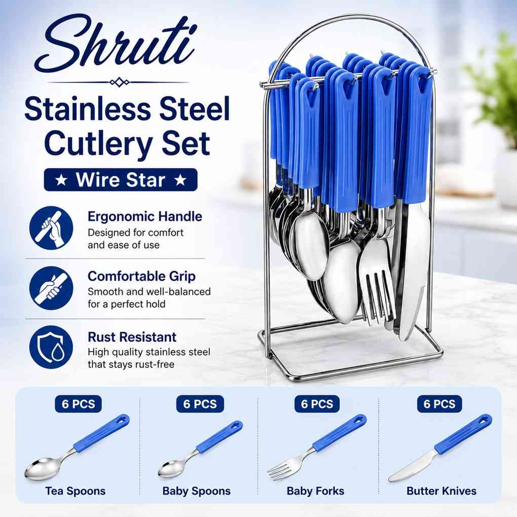 Shruti 24-piece stainless steel Wire Star cutlery set with blue handles featuring ergonomic handle, comfortable grip, rust-resistant design, and 6 tea spoons, 6 baby spoons, 6 baby forks, and 6 butter knives