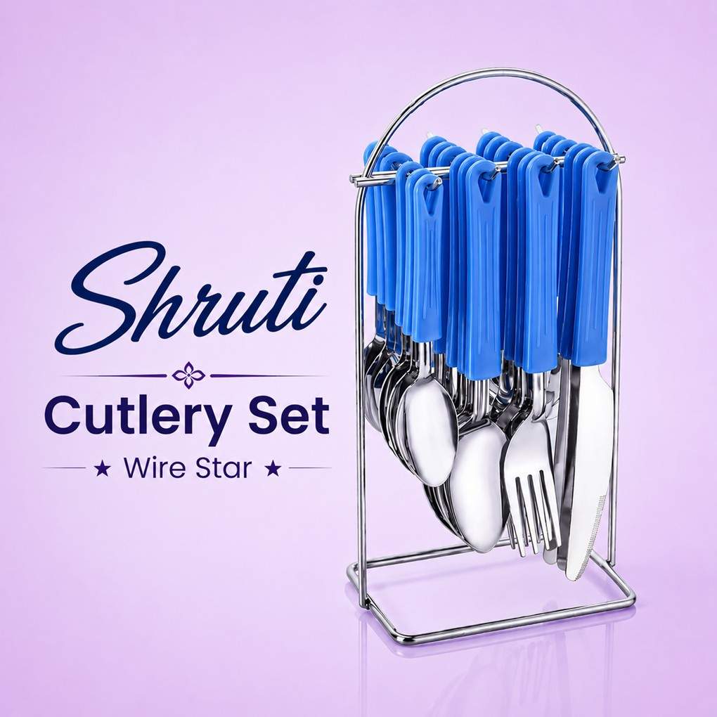 Shruti 24-piece Wire Star stainless steel cutlery set with blue handles and wire stand