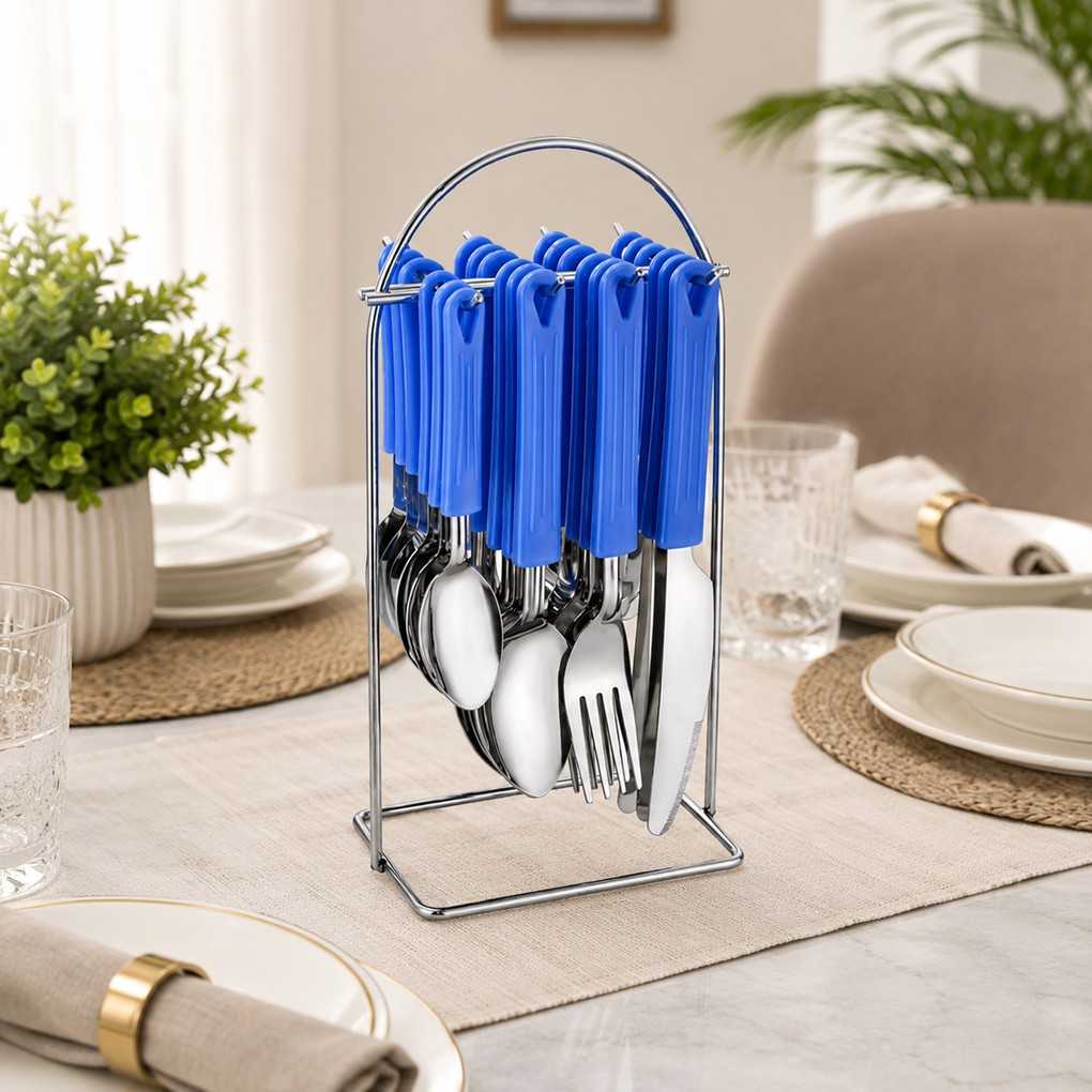 Shruti 24-piece Wire Star stainless steel cutlery set with blue handles displayed on a modern dining table
