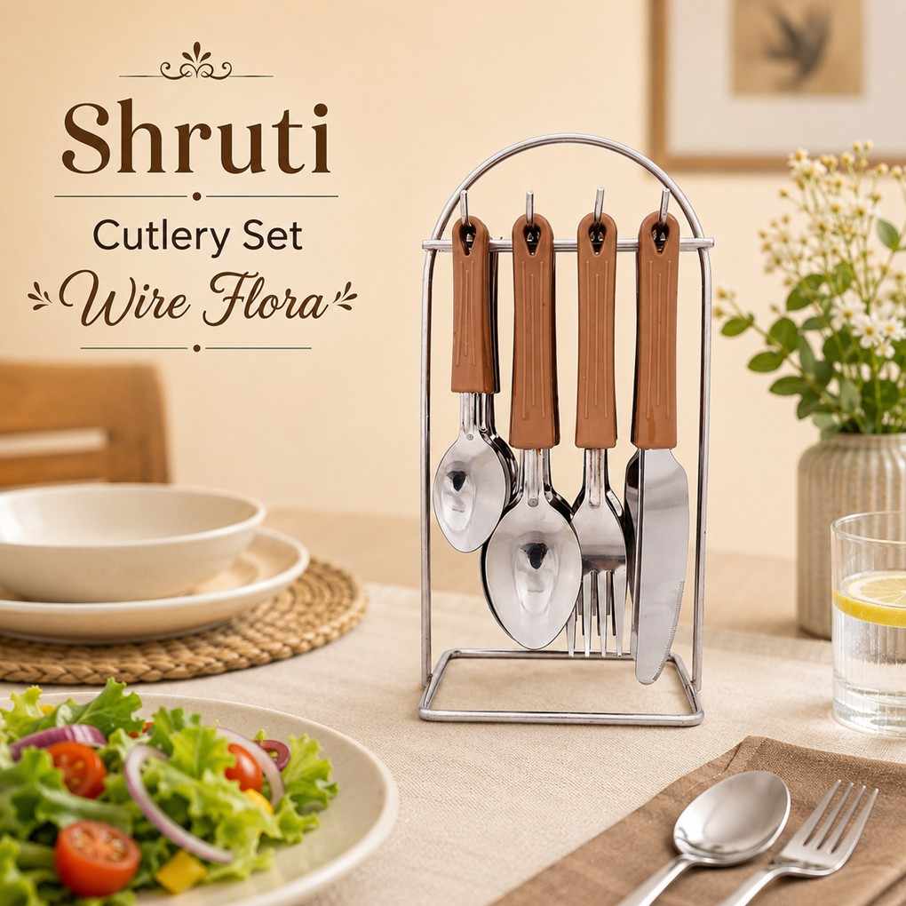 Shruti Stainless Steel Cutlery Set Wire Flora with Stand on Dining Table Brown Handle Kitchen Cutlery Set