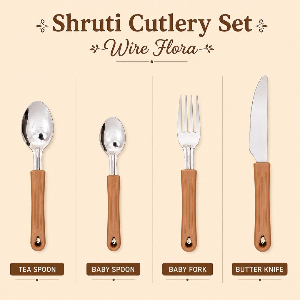 Shruti Wire Flora Stainless Steel Cutlery Set showing Tea Spoon, Baby Spoon, Baby Fork and Butter Knife with Brown Handles