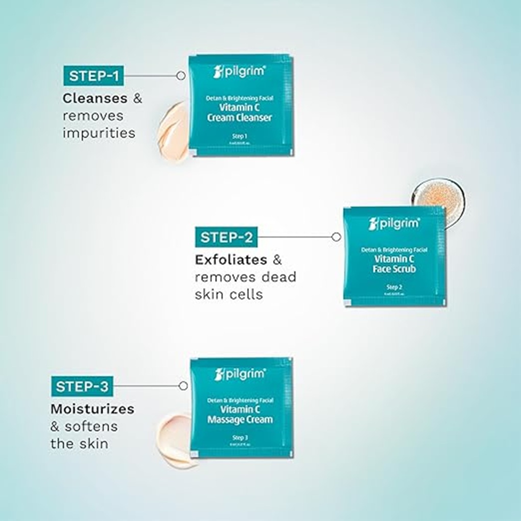 Pilgrim Vitamin C Detan & Brightening Facial Kit - Steps to Use (1 to 3)