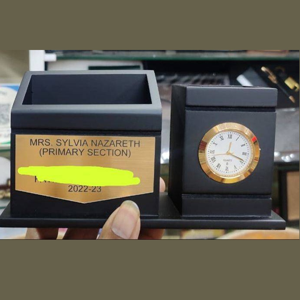 Customized Pen Stand with Clock Gold Base
