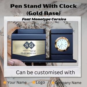 Pen Stand with Clock Gold Base